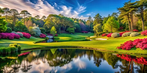 Obraz premium Historic golf course landscape featuring lush green fairways, serene ponds, and majestic azalea blooms under a warm sunny sky in a bygone era.