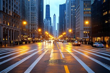 A city street at dawn, with soft light reflecting off skyscrapers and people beginning their morning commute