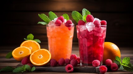 Refreshing raspberry citrus drinks garnished with mint on a wooden table in an inviting setting