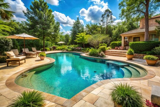 Sparkling turquoise swimming pool surrounded by lush greenery and warm beige patio stones, perfectly capturing the serenity and luxury of a sunny backyard oasis.