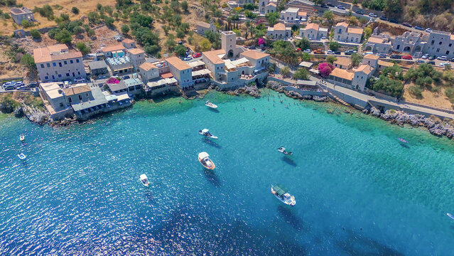 Greece Peloponnese Region Limeni Town Unique Blue Waters People Swimming in the Sea in Summer Holiday Concept and Boats