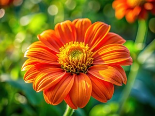 Fototapeta premium Vibrant large orange flower with delicate petals and yellow center blooms against a natural blurred green background, exuding warmth and serenity in a sun-kissed setting.