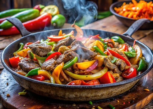 Vibrant Mexican street food scene with sizzling discada, a flavorful stir-fry of meat, peppers, and onions, served steaming hot from a weathered metal skillet.