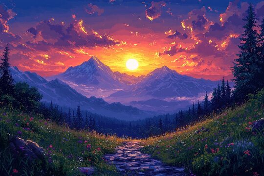 Vivid Pixel Art Landscape in Vibrant Colors, Perfect for Digital Backgrounds and Creative Projects