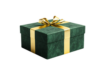 Obraz premium Elegant Green Gift Box with Gold Ribbon and Bow, Perfect for Holidays, Birthdays, and Special Occasions, Isolated on White Background