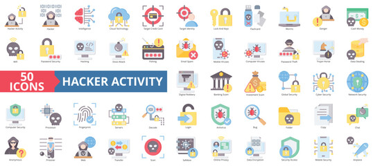 Hacker activity icon collection set. Containing hacker activity, artificial intelligence, cloud technology, worm virus, hacking, phishing, encryption icon. Simple flat color illustration.