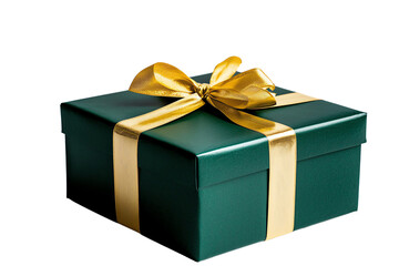 Obraz premium Elegant Green Gift Box with Gold Ribbon and Bow, Perfect for Holidays, Birthdays, and Special Occasions, Isolated on White Background