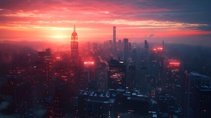 Fototapeta premium Mist-covered city with rising sun tranquil and stunning images