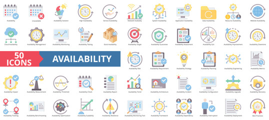Availability icon collection set. Containing solution, service, network, system, application, data, resource icon. Simple flat color illustration.