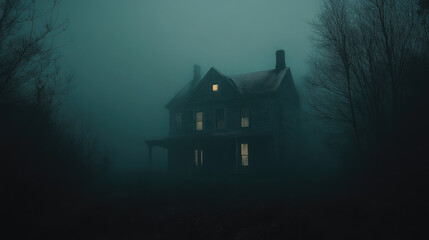 On a dark night, fog weaves around the eerie silhouette of an old haunted house, its ghostly presence looming amidst the swirling mist.