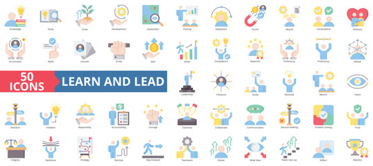 Fototapeta premium Learn and lead icon collection set. Containing knowledge, study, grow, development, exploration, training, adaptation icon. Simple flat color illustration.
