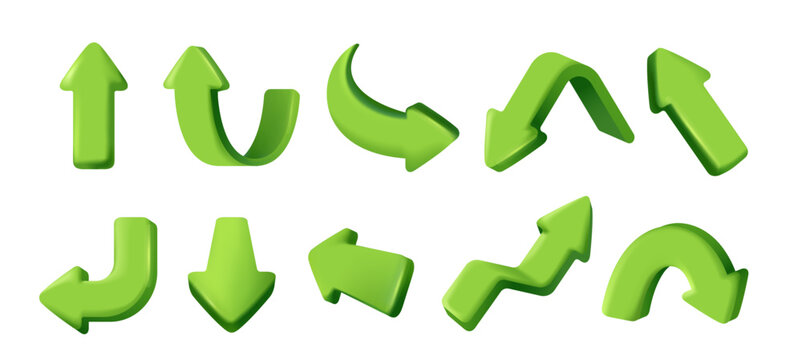 Set of 3D arrow icons. Plasticine style symbols with direction indicators and up, down, right and left pointing signs. Realistic vector illustration collection isolated on white background