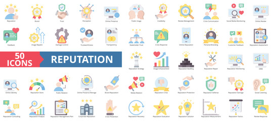 Reputation management icon collection set. Containing reputation, brand, trust, perception, online presence, public image, credibility icon. Simple flat color illustration.