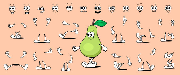 Set of 70s groovy faces. Collection of hands, feet, facial expressions with different emotions to create comical cartoon pear character. Cartoon flat vector illustration isolated on background © Rudzhan