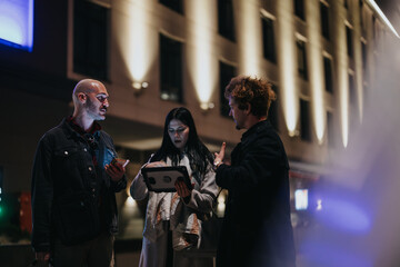 Diverse group of business professionals engaged in a discussion outside at night, reviewing documents on a digital tablet.