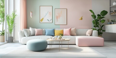 Obraz premium Cozy Living Room with Pastel Colors, Modern Furniture, and Natural Light - Perfect Blend of Comfort and Style