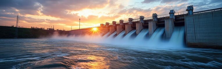 Hydroelectric dam generating clean energy with rushing water and turbines