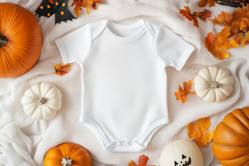 Mockup baby bodysuit design in the middle with Halloween decorations. Autumn composition with orange pumpkins, fallen leaves, dry flowers on white fabrick background. Flat lay, top view, copy space.
