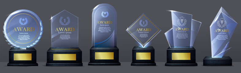 Glass award trophy set. Transparent prize statues for awarding first place winners. Crystal reward or trophy to celebrate victory. Realistic 3D vector illustration collection isolated on background