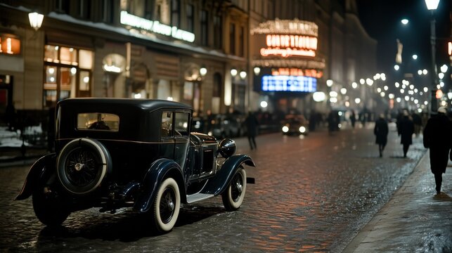 1920s car parked cobblestone street old cinema backdrop capturing bygone era. AI generated