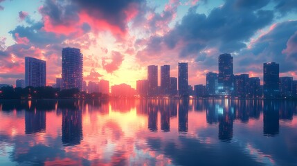 Fototapeta premium City skyline blanketed in fog with rising sun stunning images