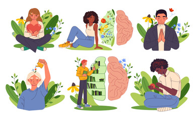 Mental health. Happy characters with healthy mindset and wellbeing. Psychology and Mindfulness. Self love, acceptance and development. Flat vector illustration collection isolated on white background