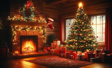 interior christmas. magic glowing tree, fireplace, gifts in dark