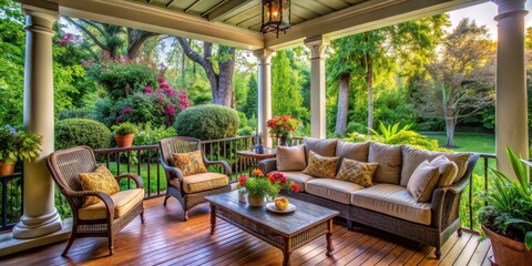 Fototapeta premium A cozy porch with comfortable seating nestled in a lush garden setting, porch, garden, outdoor, cozy, seating, relaxation