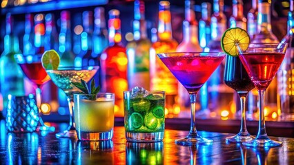 Vibrant cocktail bar scene with colorful drinks and neon lighting, cocktail, bar, scene, vibrant, drinks, colorful