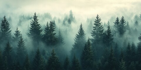 Misty fir forest with soft morning light filtering through the fog