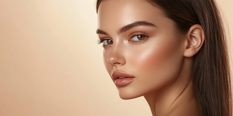 Naklejka premium Stunning portrait of a young woman with flawless skin and natural makeup. The image captures beauty in a bright, minimalistic style. Perfect for health and beauty themes. AI