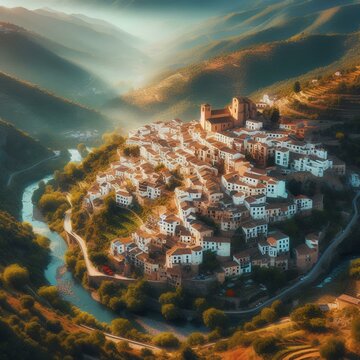  Bubion village aerial panoramic view, Spain