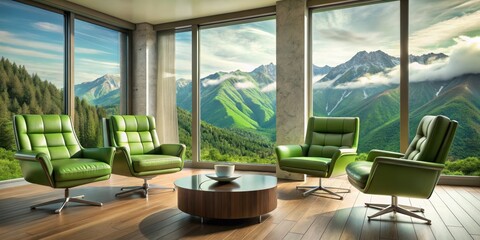 Fototapeta premium Retrofuturistic living room with green leather chairs and a view of the mountains, retrofuturistic, living room