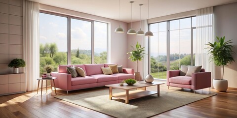 Fototapeta premium Minimalistic living room with pink accents and large windows , minimalistic, living room, interior, pink accents, large windows