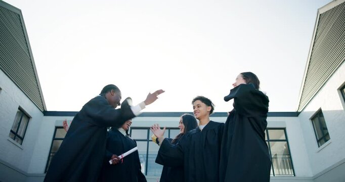 Happy, students and throw cap for graduation celebration of education achievement, hug or learning success. Excited, friends and clapping for university graduate, congratulations or energy of diploma