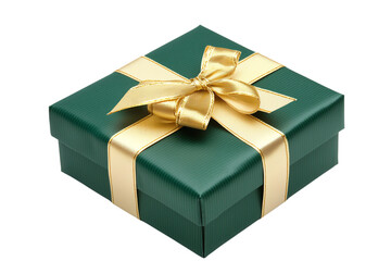Obraz premium Elegant Green Gift Box with Gold Ribbon and Bow, Perfect for Holidays, Birthdays, and Special Occasions, Isolated on White Background