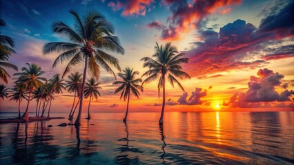 Vibrant sunset over a calm ocean with palm trees and neon colors, ideal for a tropical or retro-themed aesthetic, sunset