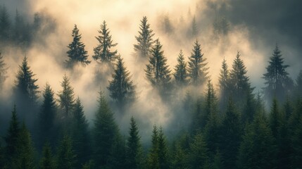 Misty fir forest with soft morning light filtering through the fog