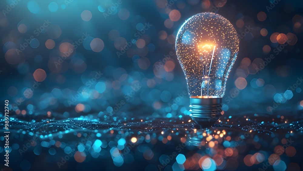 Poster 3d rendering of a glowing light bulb on dark background with bokeh - generated ai