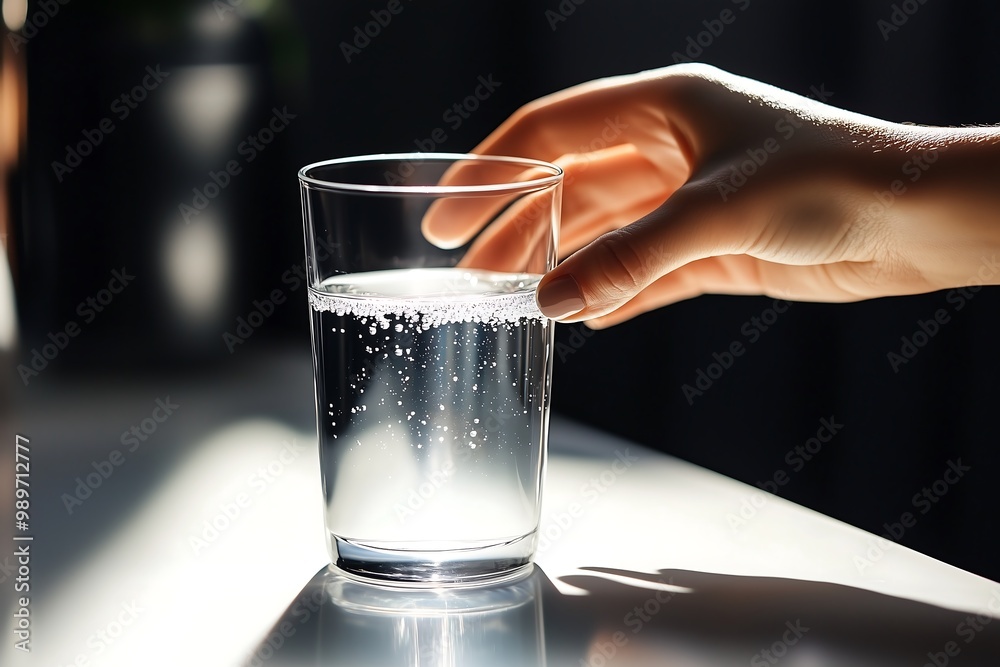 Wall mural hand reaching towards a glass of water in bright sunlight