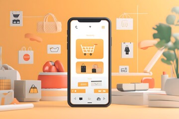 Fototapeta premium flat illustration of a smartphone with an online shopping app interface, featuring minimal buttons and clean product images, ideal for e-commerce websites