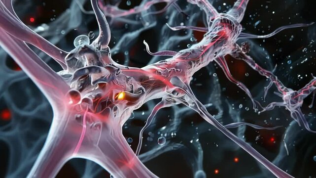 Nerve impulse is traveling through a neuron with electrical signals transmitting across synapses, creating a network of connections in the brain