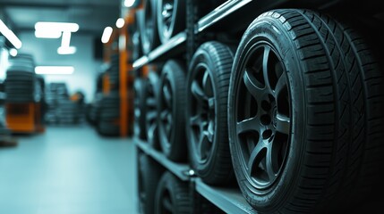 Fototapeta premium Tires are neatly arranged on shelves in a well-lit car parts shop, showcasing inventory. Car tires with rims are organized on auto warehouse shelves.