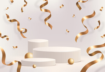 Podium with golden confetti ribbons. Banner or background with round pedestals or stages for product presentation and awarding. Design for Marketing. 3D rendering. Realistic vector illustration