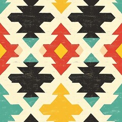 Fototapeta premium Geometric patterns come alive with bold black, red, yellow, teal, and white hues.