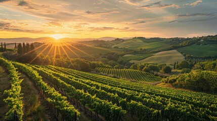 Sunset over the vineyard, offering a serene panoramic view.