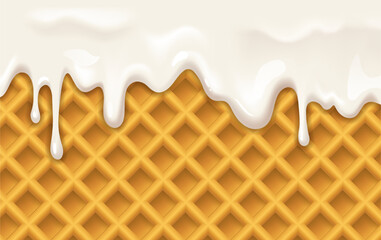 Seamless pattern with waffles and melted cream. Background with texture of sweet ice cream flowing down on waffle cone. Design for advert. Repeating dessert template. Realistic 3D vector illustration