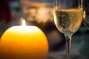 Champagne glass by candlelight with soft bokeh