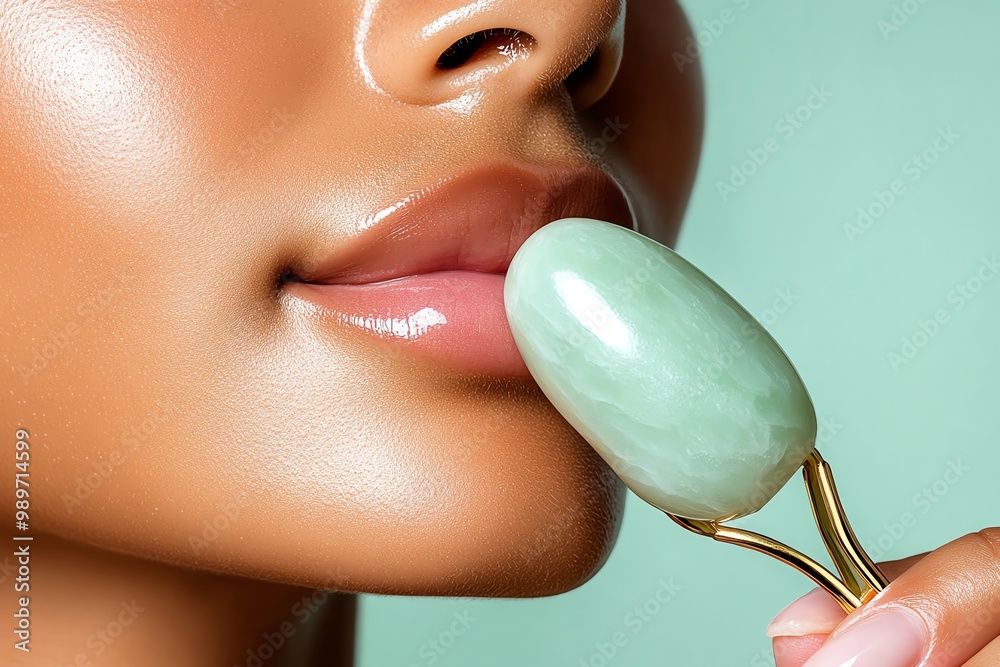 Poster a close-up of a hand holding a jade roller, gently massaging the face for a calming skincare routine