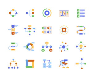 Set of workflow related icons. Colorful signs with algorithm, strategy, business analysis and processing. Design element for app. Flat vector illustration collection isolated on white background